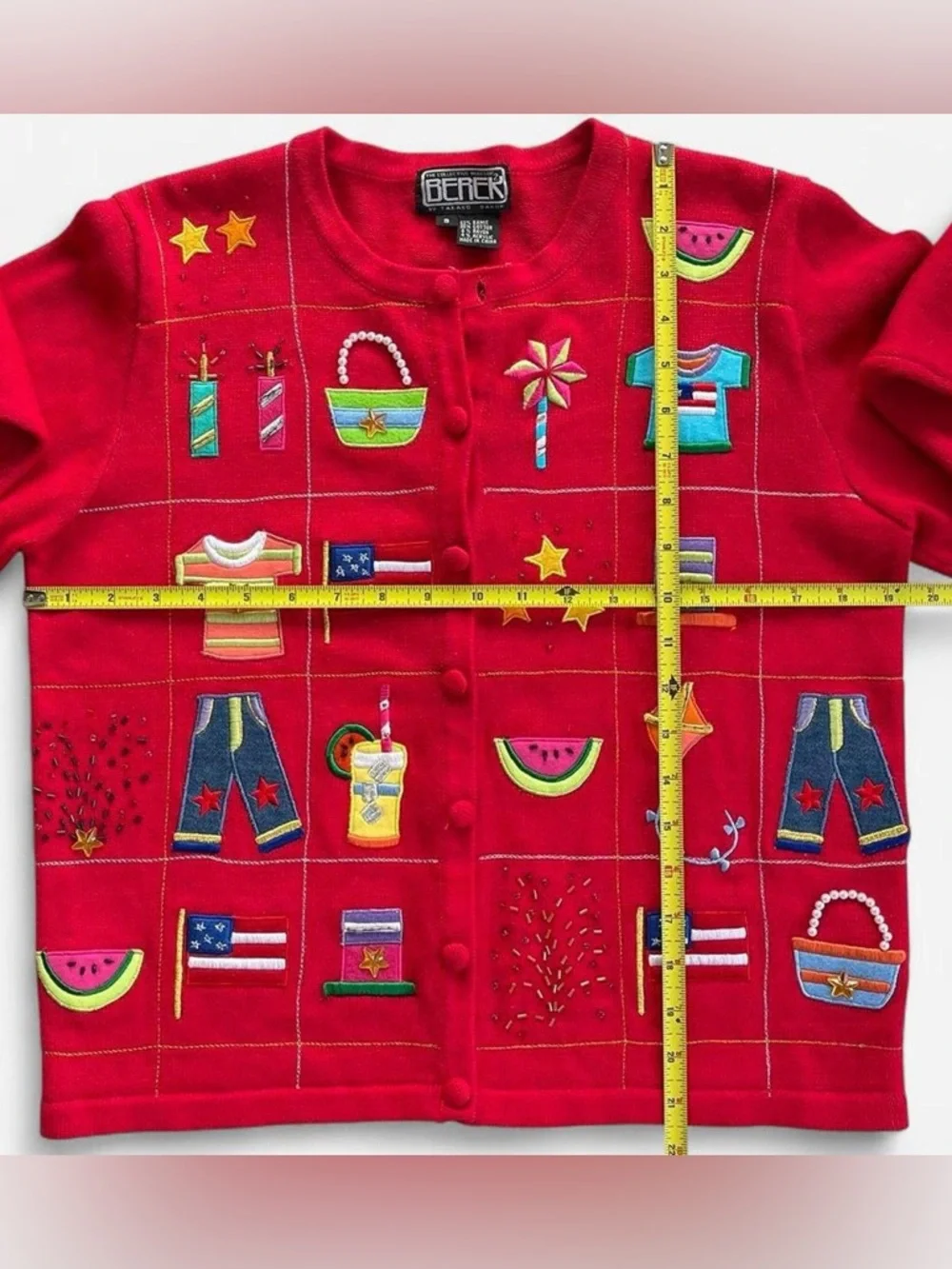 Vintage Berek Red Knit Embroidered Fourth of July Summer Patriotic Cardigan S